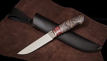 Фото ножа Егерь из стали S390 — 141, сталь s390, притин мокумэ-ганэ, зуб мамонта, кап клена, пин